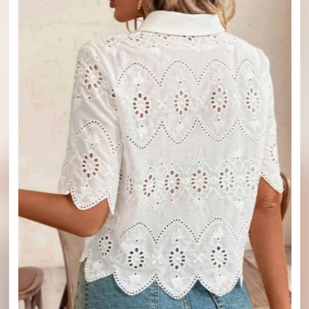 Shein Eyelet Embroidery Design White Cotton Top Sz L New - Picture 2 of 8